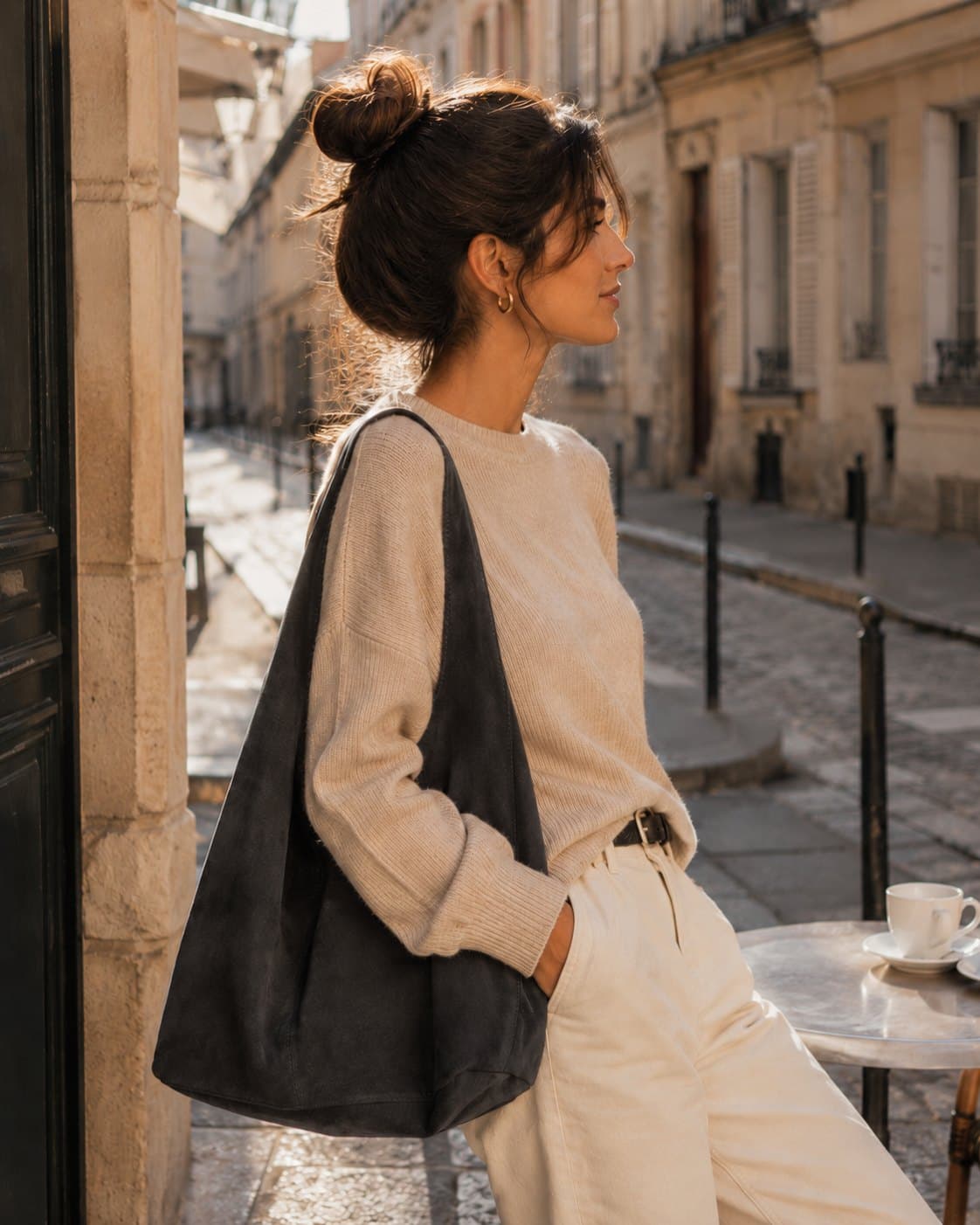 The Brume Tote — Anthracite, worn on the shoulder